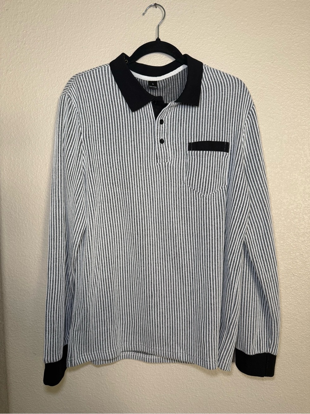 Men's Striped Long-Sleeve Polo Shirt - Black & White Size L